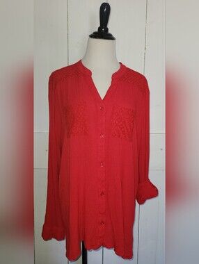 Linda Anderson Red Button-Front Crochet Lace 3/4 Long Sleeve Crepe Blouse XL